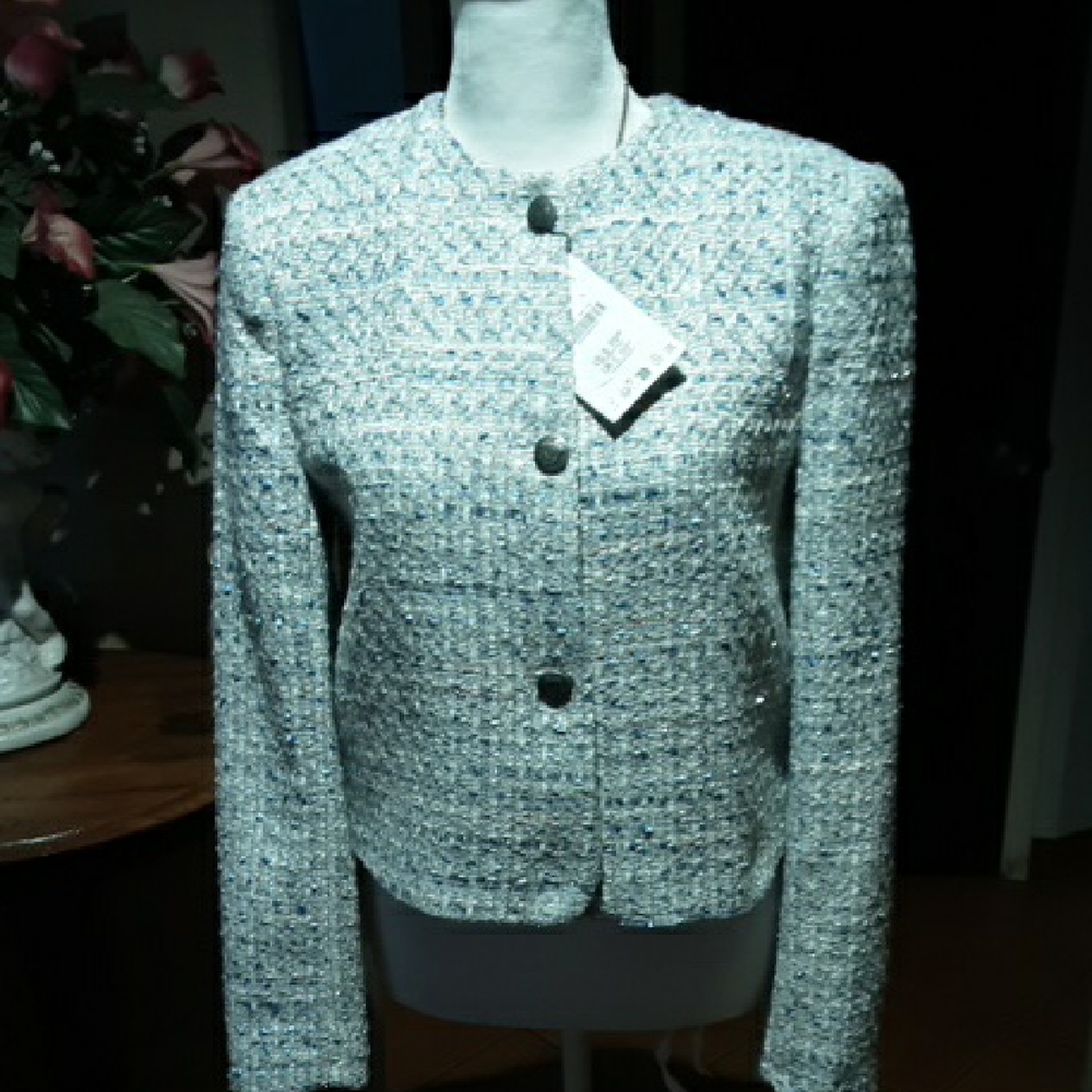 Elegant Women's Tweed Jacket - Blue and White